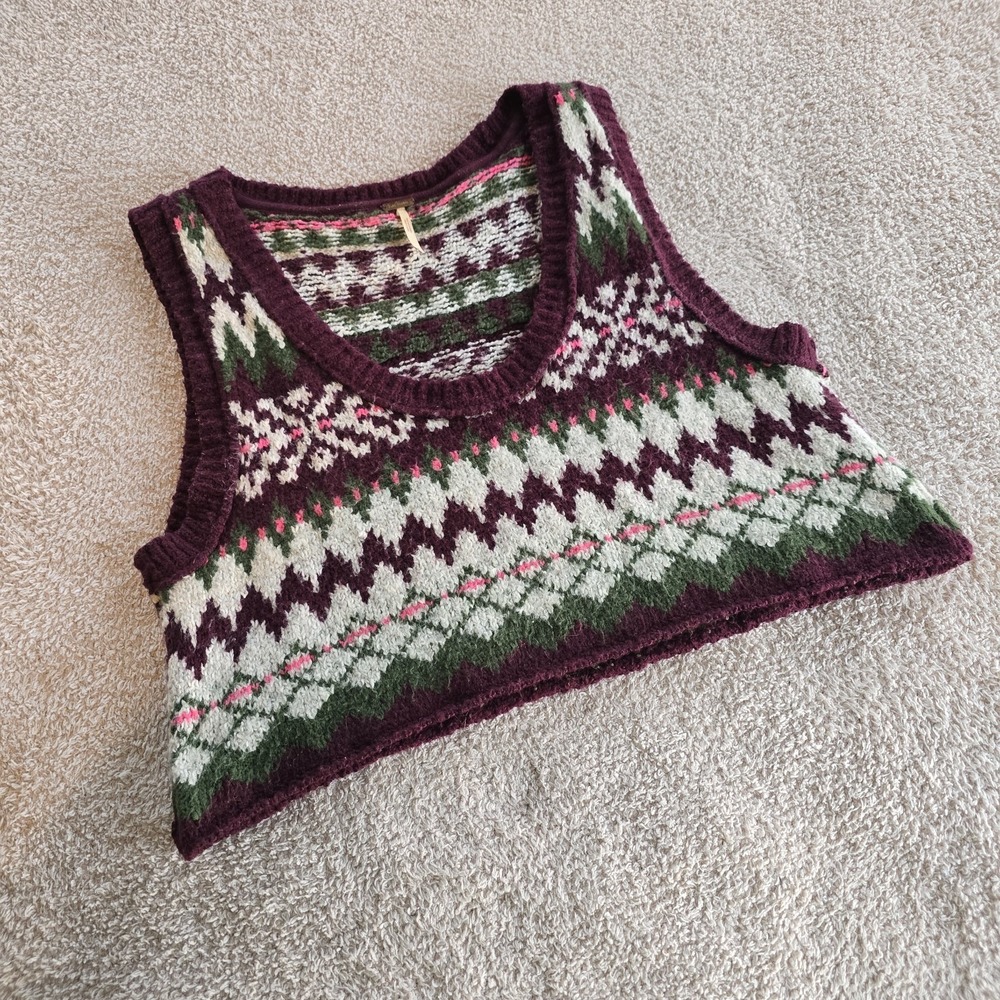Free People Love Struck Fair Isle Knitted Cropped Sweater Vest Academia Preppy M